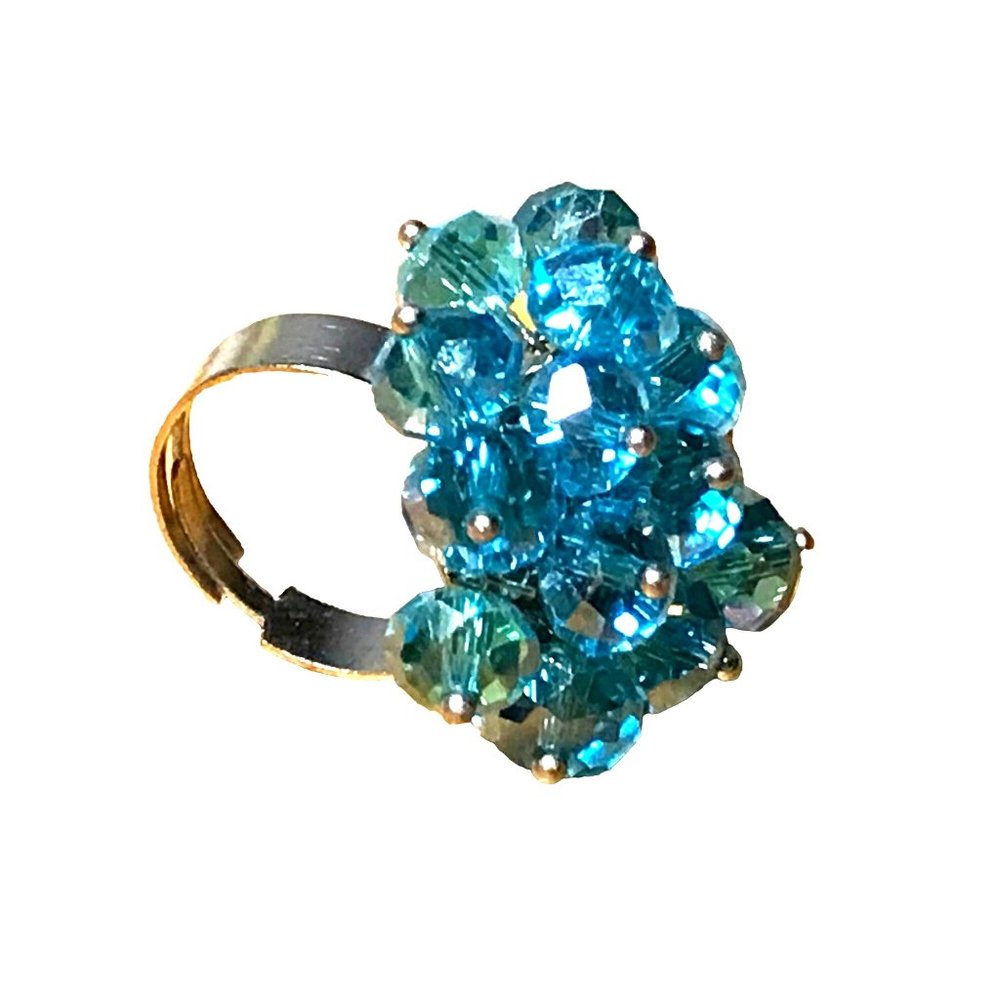 Vintage Aqua Blue Faceted AB Crystal Bead Cluster Cocktail Ring Adjustable - Picture 6 of 10